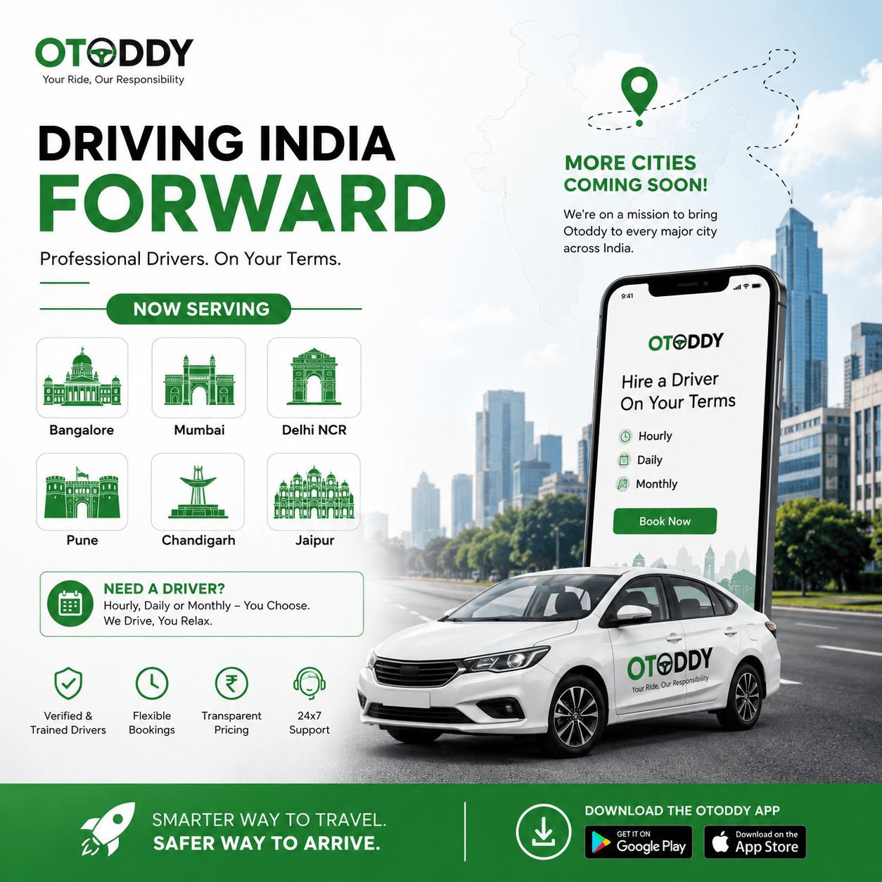 Professional driver safely driving a car during monsoon rain in Delhi NCR